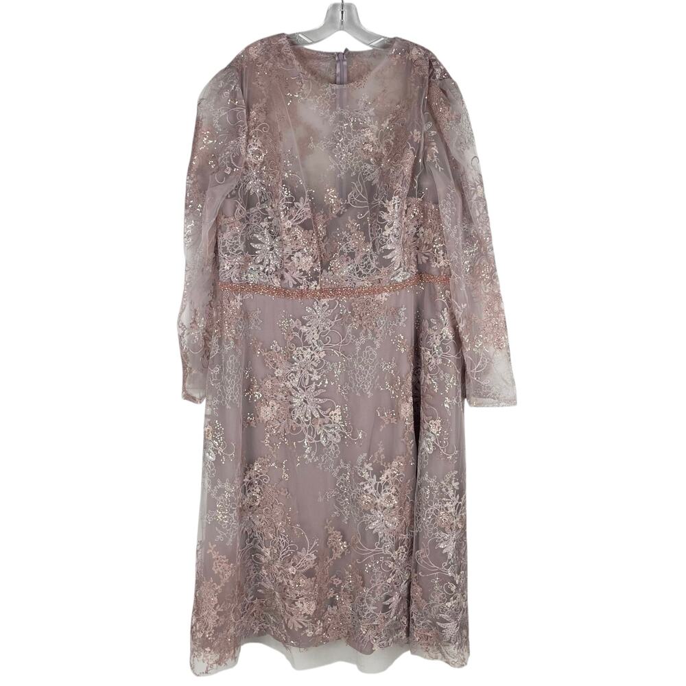 Mac Duggal Embellished Illusion Long Sleeve Midi Dress Rose Size 22 - Picture 4 of 13